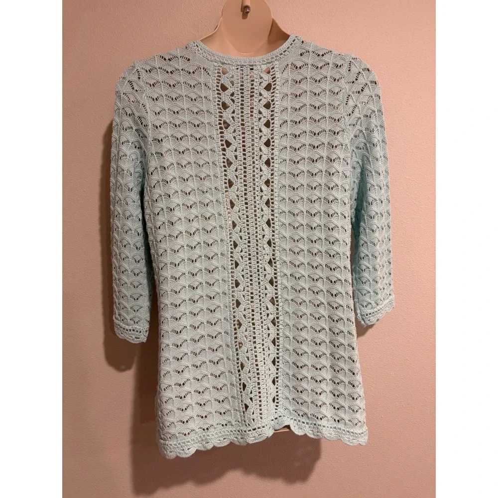 Isaac Mizrahi Aqua Crochet Knit Open Cardigan Sweater Sz L Cotton Blend Coastal
